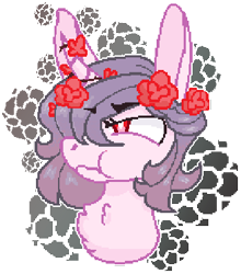 Size: 328x372 | Tagged: safe, artist:time-lime, oc, oc only, oc:grumpy, pony, unicorn, big ears, bust, female, flower, flower in hair, grumpy, horn, simple background, solo, transparent background, unicorn oc
