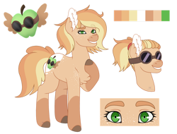 Size: 1280x975 | Tagged: safe, artist:xxdifferentrealityxx, oc, oc only, oc:rapid apple, earth pony, pony, chest fluff, coat markings, female, freckles, goggles, magical lesbian spawn, mare, offspring, parent:applejack, parent:rainbow dash, parents:appledash, reference sheet, simple background, socks (coat markings), solo, transparent background