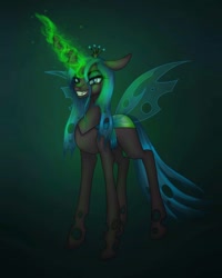 Size: 1080x1350 | Tagged: safe, artist:moona_lou, queen chrysalis, changeling, changeling queen, g4, crown, female, glowing horn, grin, horn, jewelry, regalia, smiling, solo, transparent wings, wings