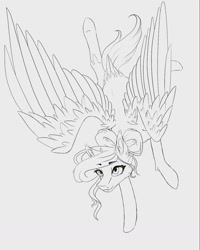 Size: 1080x1351 | Tagged: safe, alternate version, artist:moona_lou, oc, oc only, pegasus, pony, female, flying, lineart, mare, monochrome, pegasus oc, solo, upside down, wings