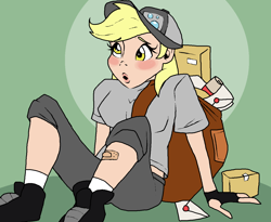 Size: 1288x1056 | Tagged: safe, artist:smirk, derpy hooves, human, g4, bandage, bandaid, blushing, clothes, fingerless gloves, gloves, hat, humanized, jeans, mail, mailbag, ms paint, open mouth, package, pants, shirt, shoes, socks, solo