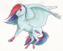 Size: 2594x2102 | Tagged: safe, artist:lady-limule, oc, oc only, pegasus, pony, eye scar, female, grin, high res, mare, paw prints, pegasus oc, scar, smiling, solo, traditional art, wings