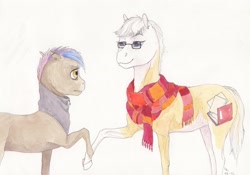 Size: 2956x2065 | Tagged: safe, artist:lady-limule, oc, oc only, oc:almond, earth pony, pony, clothes, earth pony oc, female, glasses, high res, holding hooves, mare, scarf, story included, traditional art