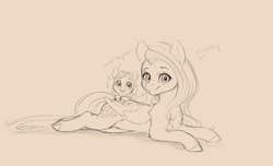 Size: 2776x1687 | Tagged: safe, artist:miokomata, fluttershy, oc, oc:clay akuma, earth pony, fennec fox, fox, fox pony, hybrid, original species, pegasus, pony, g4, chest fluff, cute, double tail, duo, female, freckles, freckleshy, looking at you, lying down, mare, miokomata is trying to murder us, monochrome, prone, shyabetes, simple background, size difference, smol, tiny, tiny ponies
