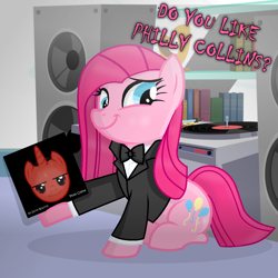 Size: 1132x1132 | Tagged: safe, artist:grapefruitface1, pinkie pie, pony, g4, party of one, american psycho, base used, bookshelf, bowtie, clothes, looking at you, movie reference, patrick bateman, phil collins, pinkamena diane pie, record, record player, show accurate, sitting, smiling, speaker, straight hair, suit, turntable