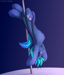 Size: 2900x3400 | Tagged: safe, artist:snowstormbat, oc, oc only, oc:guttatus, bat pony, pony, armpits, high res, looking at you, male, pole dancing, simple background, solo, stallion, stripper pole, upside down