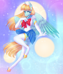 Size: 900x1057 | Tagged: safe, artist:sadelinav, helia, pegasus, anthro, unguligrade anthro, g4, abstract background, clothes, cosplay, costume, female, sailor moon (series), solo, stockings, thigh highs, wings