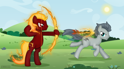 Size: 1200x675 | Tagged: safe, artist:jennieoo, oc, oc only, oc:blazing arrow, oc:steel mustang, earth pony, pony, arrow, bow, fetch, fire arrow, fire bow, mane of fire, running, show accurate, solo, vector