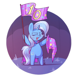 Size: 2016x2016 | Tagged: safe, artist:dsp2003, trixie, pony, unicorn, mlp fim's tenth anniversary, g4, 10, bipedal, cape, chibi, chubby, clothes, cute, diatrixes, eyes closed, female, flag waving, happy birthday mlp:fim, hat, high res, holding a flag, hoof hold, mare, open mouth, simple background, solo, transparent background, trixie's cape, trixie's hat
