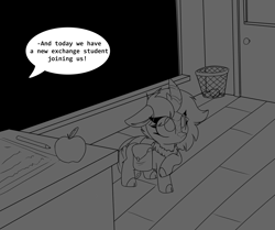 Size: 2174x1816 | Tagged: safe, artist:lockheart, oc, oc only, oc:firewood, kirin, apple, bag, chalkboard, classroom, cloven hooves, desk, dialogue, door, exchange student, food, indoors, offscreen character, paper, pencil, raised hoof, saddle bag, solo, speech bubble, student, trash can