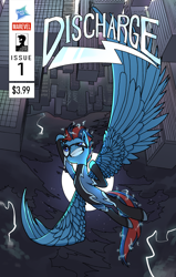 Size: 2100x3300 | Tagged: safe, artist:jodthecod, oc, oc only, oc:andrew swiftwing, pegasus, pony, city, cityscape, clothes, cloud, comic, comic cover, costume, discharge, electricity, high res, lightning, mask, moon, sky, solo, superhero, thunder