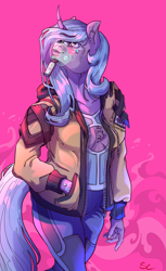 Size: 3189x5197 | Tagged: safe, artist:sourcherry, idw, radiant hope, unicorn, anthro, g4, boob window, chest fluff, clothes, curly hair, curly mane, cyberpunk, mask, solo