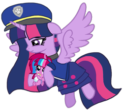 Size: 1187x1080 | Tagged: safe, artist:徐詩珮, twilight sparkle, oc, oc:bubble sparkle, alicorn, pony, bubbleverse, series:sprglitemplight diary, series:sprglitemplight life jacket days, series:springshadowdrops diary, series:springshadowdrops life jacket days, g4, alternate universe, base used, chase (paw patrol), clothes, cute, female, magical lesbian spawn, magical threesome spawn, mother and child, mother and daughter, multiple parents, next generation, offspring, parent:glitter drops, parent:spring rain, parent:tempest shadow, parent:twilight sparkle, parents:glittershadow, parents:sprglitemplight, parents:springdrops, parents:springshadow, parents:springshadowdrops, paw patrol, simple background, transparent background, twilight sparkle (alicorn)