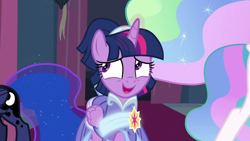 Size: 1920x1080 | Tagged: safe, screencap, princess celestia, princess luna, twilight sparkle, alicorn, pony, g4, the last problem, clothes, coronation dress, dress, gown, nervous, nervous laugh, odd one out, second coronation dress, twilight sparkle (alicorn)