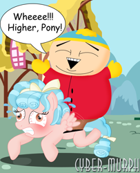 Size: 1458x1793 | Tagged: safe, artist:cyber-murph, cozy glow, human, pegasus, pony, g4, bloodshot eyes, bow, cozybuse, crossover, crushing, cursed image, eric cartman, fate worse than death, female, filly, flying, gritted teeth, humans riding ponies, male, ponyville, quote, riding, riding a pony, signature, south park, straining, this will end in pain, why