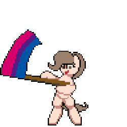 Size: 384x384 | Tagged: safe, artist:bitassembly, oc, oc only, oc:lewdielewd, earth pony, pony, animated, bipedal, bisexual pride flag, bitassembly's flag ponies, flag, flag waving, gif, holding a flag, pixel art, pride, pride flag, simple background, solo, transparent background