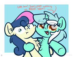Size: 3250x2560 | Tagged: dead source, safe, artist:php142, bon bon, lyra heartstrings, sweetie drops, earth pony, pony, unicorn, g4, chest fluff, cute, dialogue, female, fourth wall, high res, lesbian, looking at you, ship:lyrabon, shipping, simple background, text, that pony sure does love humans, twitter link