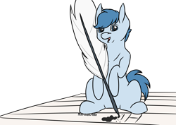 Size: 3541x2507 | Tagged: safe, artist:welcometojs, oc, oc only, oc:blue quill, earth pony, pony, blue oc, high res, ink, paper, quill, simple background, solo, transparent background