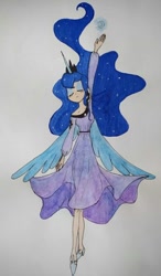 Size: 390x666 | Tagged: safe, artist:lunaart, princess luna, alicorn, human, g4, alicorn humanization, alternative cutie mark placement, eyes closed, horn, horned humanization, humanized, shoulder cutie mark, solo, traditional art, winged humanization, wings