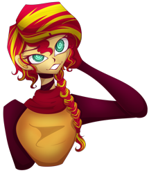 Size: 2161x2510 | Tagged: safe, artist:mywasasi, sunset shimmer, equestria girls, g4, braided ponytail, choker, clothes, high res, scarf, simple background, smiling, solo, swirly eyes, transparent background