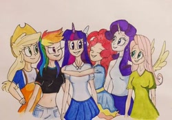 Size: 540x379 | Tagged: safe, artist:lunaart, applejack, fluttershy, pinkie pie, rainbow dash, rarity, twilight sparkle, alicorn, human, g4, belly button, clothes, eyes closed, horn, horned humanization, hug, humanized, mane six, midriff, multicolored hair, one eye closed, tank top, traditional art, twilight sparkle (alicorn), winged humanization, wings, wink