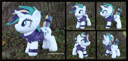 Size: 3645x1754 | Tagged: safe, artist:peruserofpieces, rarity, pony, unicorn, g4, alternate hairstyle, beanie (plushie), bobbed tail, clothes, female, irl, mare, multiple views, photo, plushie, punk, raripunk, smiling, solo, spikes, tree, vest