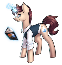 Size: 2181x2308 | Tagged: safe, artist:earthpone, oc, oc only, oc:wonder kraft, pony, unicorn, alchemist, book, clothes, commission, high res, looking at you, magic, male, shirt, simple background, solo, stallion, suit, transparent background