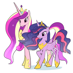 Size: 2000x2000 | Tagged: safe, artist:haden-2375, princess cadance, twilight sparkle, alicorn, pony, g4, the last problem, comparison, crown, duo, duo female, female, height difference, high res, hoof shoes, jewelry, older, older princess cadance, older twilight, older twilight sparkle (alicorn), princess twilight 2.0, regalia, simple background, sisters-in-law, slender, thin, twilight sparkle (alicorn), white background