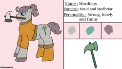 Size: 1280x720 | Tagged: safe, artist:schumette14, oc, oc:mordicus, earth pony, pony, axe, mouth hold, next generation, offspring, parent:maud pie, parent:mud briar, parents:maudbriar, weapon