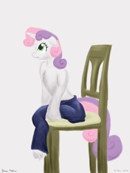 Size: 1800x2400 | Tagged: safe, artist:rockhoppr3, sweetie belle, unicorn, semi-anthro, g4, arm hooves, chair, chest fluff, clothes, floppy ears, pajamas, pants, partial nudity, shoulder fluff, solo, topless, unshorn fetlocks