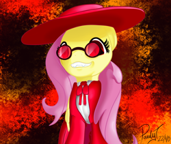 Size: 1000x845 | Tagged: safe, artist:paulyt7, fluttershy, bat pony, pony, vampire, g4, alucard, alushy, bat ponified, clothes, crossover, fangs, female, flutterbat, hat, hellsing, race swap, solo, suit