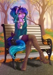 Size: 1920x2716 | Tagged: safe, artist:str1ker878, oc, oc only, oc:neon synthwave, earth pony, anthro, autumn, bench, boots, clothes, coffee, crossed legs, earth pony oc, high heel boots, high heels, palindrome get, shoes, sitting, socks, solo, thigh boots, thigh highs