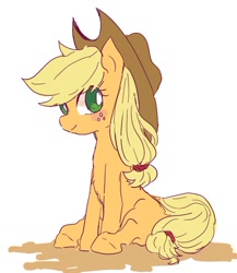 Size: 900x1039 | Tagged: safe, artist:nota_mano, applejack, earth pony, pony, g4, chest fluff, female, mare, no pupils, simple background, sitting, solo, white background