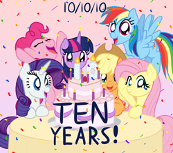 Size: 2250x2000 | Tagged: safe, artist:nitei, applejack, fluttershy, pinkie pie, rainbow dash, rarity, twilight sparkle, earth pony, pegasus, pony, unicorn, mlp fim's tenth anniversary, g4, 10, cake, candle, confetti, flying, food, high res, jumping, looking at you, mane six, show accurate, strawberry, waving