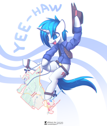 Size: 2480x2892 | Tagged: safe, artist:justafallingstar, oc, oc only, oc:supersaw, pony, unicorn, belt, clothes, colored sketch, cowboy, cowboy hat, fidget spinner, hat, high res, horn, male, riding, shirt, sketch, smiling, spurs, stallion, t-shirt, unicorn oc, yeehaw