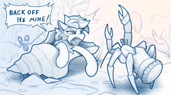 Size: 2000x1113 | Tagged: safe, artist:yakovlev-vad, oc, crab, pony, angry, hermit crab, micro, seashell, tiny, tiny ponies