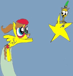 Size: 1024x1065 | Tagged: safe, artist:monstrouspegasister, oc, oc:puzzle piece, pegasus, pony, crossover, friendshipping, mismatched eyes, stars, wander (wander over yonder), wander over yonder