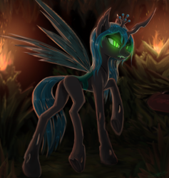 Size: 1410x1488 | Tagged: safe, artist:vladimir-olegovych, queen chrysalis, changeling, changeling queen, g4, crown, female, glowing, glowing eyes, hoof hold, jewelry, raised hoof, regalia