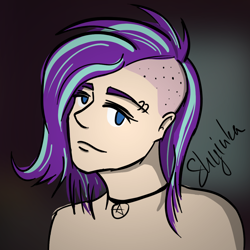 Size: 1076x1076 | Tagged: safe, artist:minegirl007, artist:shyinka, starlight glimmer, human, g4, alternate hairstyle, bushy brows, choker, eyebrow piercing, female, humanized, pentagram, piercing, sidecut, solo, thick eyebrows, undercut