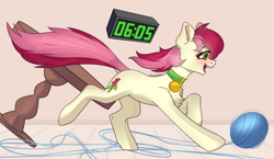Size: 3000x1740 | Tagged: safe, artist:chibadeer, roseluck, earth pony, pony, behaving like a cat, collar, commissioner:doom9454, cute, female, fluffy, mare, pet tag, pony pet, rosepet, running, solo, yarn, yarn ball