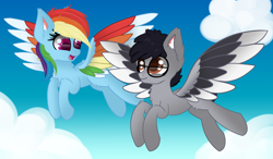 Size: 7774x4551 | Tagged: safe, artist:windykirin, rainbow dash, oc, oc:moon ray, pegasus, pony, g4, absurd resolution, cloud, colored wings, duo, female, flying, glasses, male, mare, multicolored wings, stallion, wings