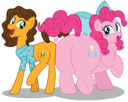 Size: 1280x1022 | Tagged: safe, artist:aleximusprime, cheese sandwich, pinkie pie, flurry heart's story, g4, alternate hairstyle, balloonbutt, bow, bump bump sugar lump rump, bumping hips, butt, butt size difference, butt to butt, butt touch, clothes, couple, cute couple, fat, female, hawaiian shirt, heart, huge butt, large butt, looking at each other, looking back, male, older, older cheese sandwich, older pinkie pie, plot, plump, pudgy pie, ship:cheesepie, shipping, shirt, simple background, straight, the ass was fat, thick, transparent background