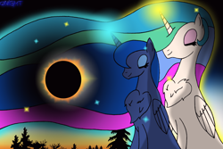 Size: 2300x1533 | Tagged: safe, artist:qnighter, princess celestia, princess luna, alicorn, pony, g4, chest fluff, eclipse, ethereal mane, eyes closed, magic, royal sisters, sisters, smiling