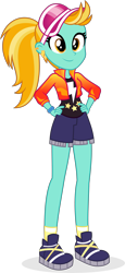 Size: 2526x5507 | Tagged: safe, artist:punzil504, lightning dust, equestria girls, g4, alternate hairstyle, boots, clothes, clothes swap, equestria girls-ified, female, hand on hip, high res, jacket, ponytail, shoes, shorts, simple background, smiling, socks, solo, tank top, transparent background, visor