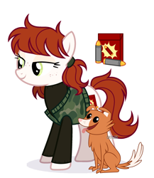 Size: 2000x2300 | Tagged: safe, artist:deko4ka, oc, oc only, oc:open season, oc:valance (dog), dog, earth pony, pony, clothes, duo, female, freckles, high res, hunter, jacket, mare, open mouth, simple background, sweater, tongue out, white background