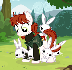 Size: 1846x1793 | Tagged: safe, artist:deko4ka, oc, oc only, oc:open season, earth pony, pony, rabbit, animal, bush, clothes, female, freckles, hunter, jacket, mare, solo, sweater, tree