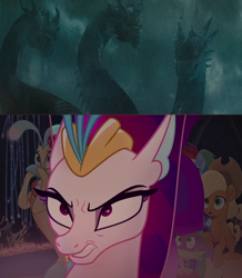 Size: 1182x1358 | Tagged: safe, edit, edited screencap, screencap, applejack, queen novo, spike, g4, my little pony: the movie, comic, comparison, crossover, furious, godzilla (series), godzilla: king of the monsters 2019, king ghidorah, monsterverse, queen novo is not amused, screencap comic