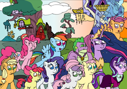 Size: 2930x2072 | Tagged: safe, artist:sparkfler85, apple bloom, applejack, fluttershy, pinkie pie, rainbow dash, rarity, scootaloo, spike, starlight glimmer, sweetie belle, twilight sparkle, alicorn, dragon, earth pony, pegasus, pony, unicorn, mlp fim's tenth anniversary, g4, the last problem, 10, afternoon, castle, clothes, cloud, crying, cutie mark, cutie mark crusaders, gigachad spike, golden oaks library, happy birthday mlp:fim, high res, mane seven, mane six, older, older fluttershy, older scootaloo, older spike, older starlight glimmer, older twilight, older twilight sparkle (alicorn), princess twilight 2.0, tears of joy, teary eyes, twilight sparkle (alicorn), twilight's castle, winged spike, wings