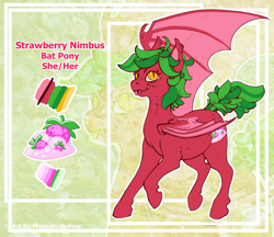 Size: 1736x1500 | Tagged: safe, artist:magnetichollow, oc, oc only, oc:strawberry nimbus, bat pony, pony, bat pony oc, bat wings, colored, fangs, freckles, reference sheet, solo, tongue out, wings, yellow eyes