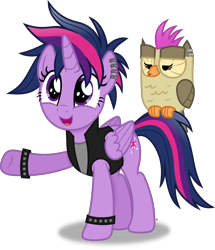 Size: 3191x3718 | Tagged: safe, artist:anime-equestria, owlowiscious, twilight sparkle, alicorn, bird, owl, pony, alternate hairstyle, clothes, cute, duo, ear piercing, female, grumpy, happy, hoofband, horn, jacket, mare, mohawk, pet, piercing, punk, punklight sparkle, simple background, studded bracelet, transparent background, twiabetes, twilight sparkle (alicorn), vector, vest, wings
